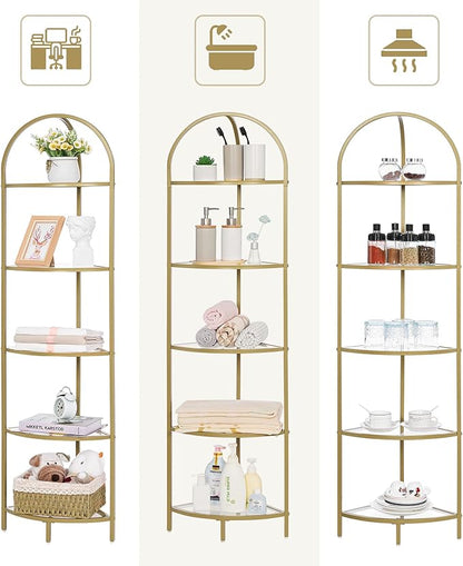 Homhedy 5-Tier Corner Shelf Stand, Metal Corner Bookshelf, Tempered Glass Shelves, Bathroom Storage Rack Shelf, Plant Stand, Modern Style, Golden