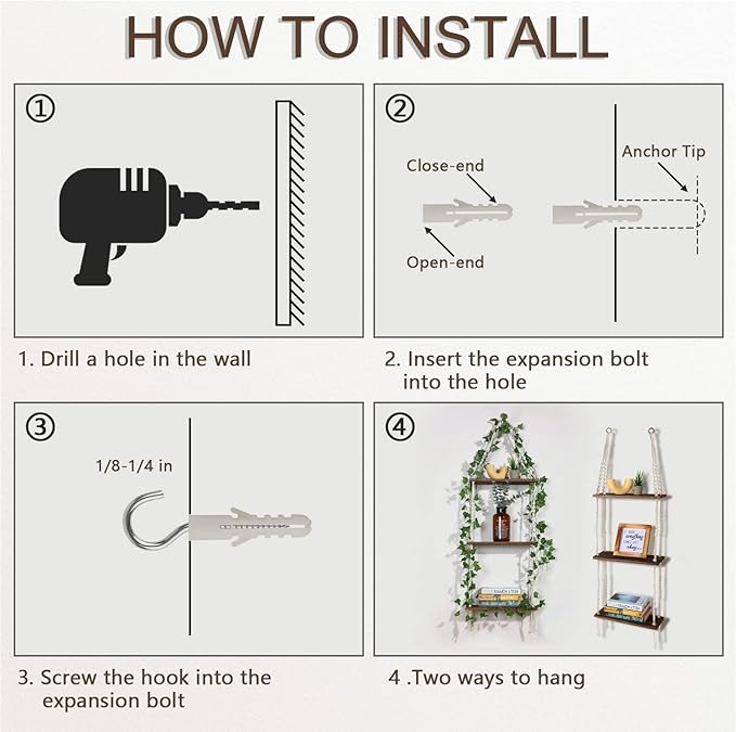 Hanging Shelf with Vine Lights, Macrame Plant Wall Shelf, Wall Storage with Handmade Woven Ropes, 3 Tier Floating Shelf, Boho Room Decor Aesthetic for Succulents, Bedroom, Living Room, Bathroom