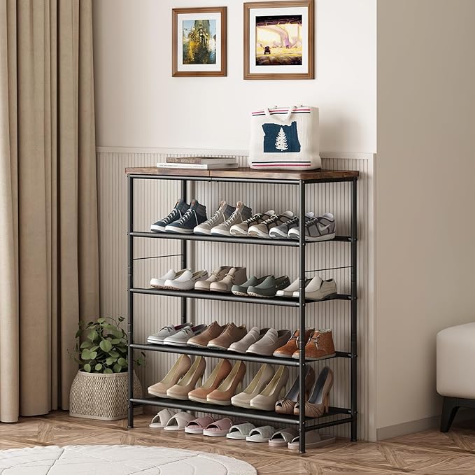Shoe Rack Organizer 5 Tier Metal Organizer Shelf with Industrial MDF Board and Layer Fabric for Entryway Closet Bedroom Living Room Garage,Black & Rustic Brown (Black+Rustic Brown, 5 Tier)