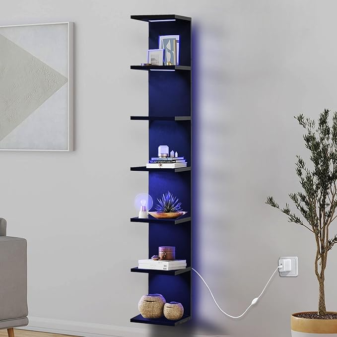 7-Tier Wall Shelf with 10 RGB Lighting Modes, Multifunctional Wall Mounted Vertical Display Floating Shelf for Bedroom Living Room Vanity, Black