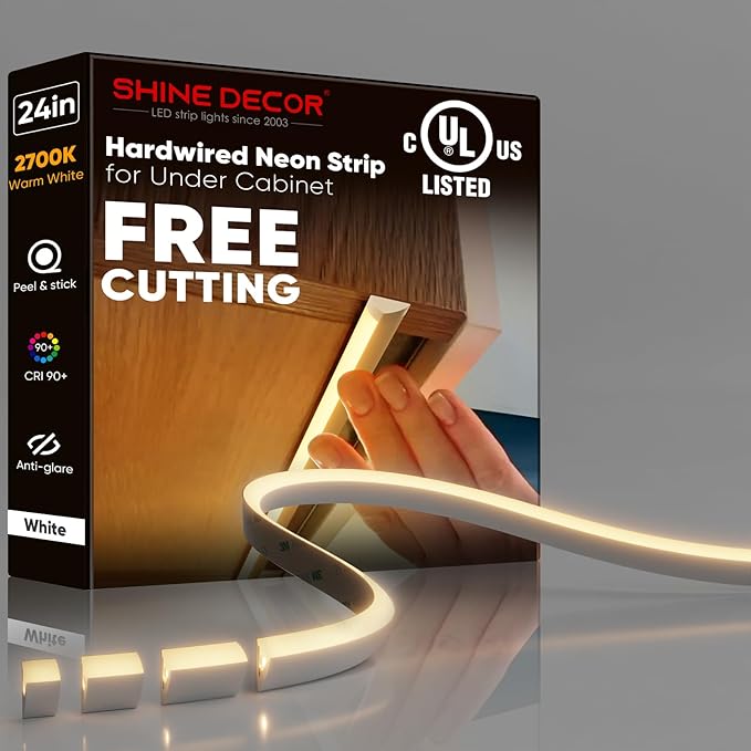 Shine Decor Under Cabinet Lighting Strip, Free Cuttable LED Silicone Neon Rope Hardwired 24V Anti-Glare Bright Cozy 504 Lumen for Indoor, Adhesive White Shell 2700K Warm 24” UL Certified, No Adapter