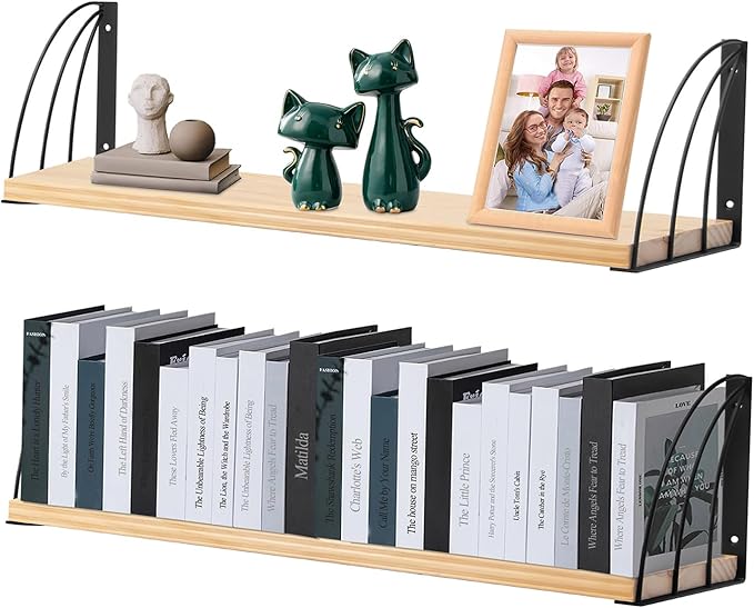 Book Shelf for Wall,7.87" D x23.5 W Natural Wood Floating Shelf Set of 2,Wooden Shelves for Wall, Wall Mounted Bookshelf,Rustic Hanging Bookshelf for Wall,Office,Bedroom- No Stain-Natural Unfinished
