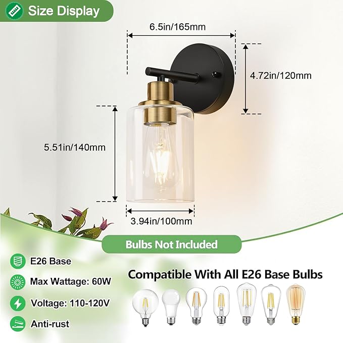 Set of 2 Wall Sconces for Bathroom, Black and Gold Modern Vanity Lights with Clear Glass Shade,Bathroom Wall Lamp for Mirror Kitchen Living Room Hallway Cabinet Porch