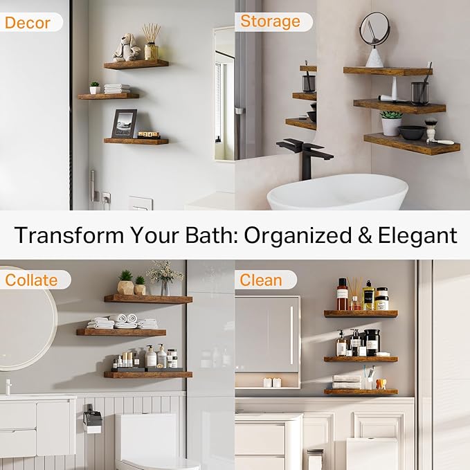 BAYKA Floating Shelves Bathroom for Wall – Shelf Over Toilet Farmhouse Rustic Wood for Bedroom, Kitchen, or Living Room Decor Organization, Christmas Decor Shelves – Rustic Brown, Set of 3