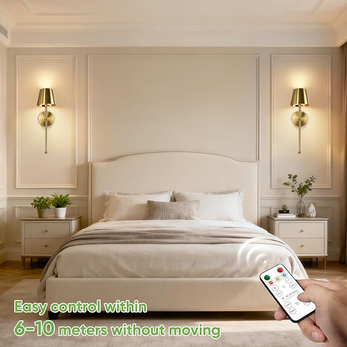 Kimjo Battery Operated Wall Sconce Set of 2, Rechargeable Wireless Wall Sconces Light with Dimmable Timer Remote, 5200mAh Gold Cordless Wall Light for Bedroom Living Room Hallway Decor