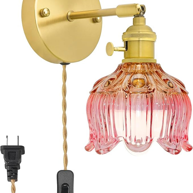 Plug in Wall Sconces,Plug in Wall Lamp, Vintage Wall Light with Pink Tulip Glass Lampshade, 3-Way Dimmable with Dual Switches, No Wiring Needed for Bedroom Wall Decor and Hallway
