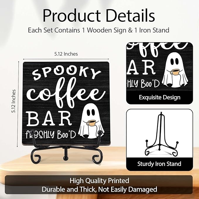 Halloween Coffee Bar Decor, Freshly Booed Wooden Coffee Signs for Home Office Desk Shelf, Spooky Ghost Tabletop Centerpieces for Kitchen Accessories - A07