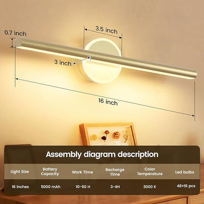 Wireless Picture Light, 16 inches Art Wall Light, Picture Light Battery Operated,Battery Operated Wall Lights,Gallery Light for Painting,Photo,Library(Gold-Painted)