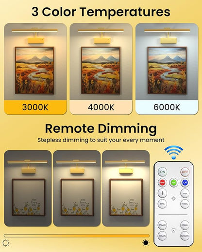 Wireless Picture Lights for Wall, 3000mAh Rechargeable with Power Level Display, 15'' Magnetic LED Art Painting Light with Remote & Timer, 3CCT Dimmable for Gallery, Frame, Dartboard (Gold)