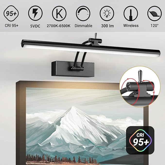 2 Pack Picture Lights for Wall Battery Operated, 16 inch Wireless Art Lighting for Painting, 6 Colors Picture Frame Lights with Remote, Dimmable 5200mAh Gallery Light, Black