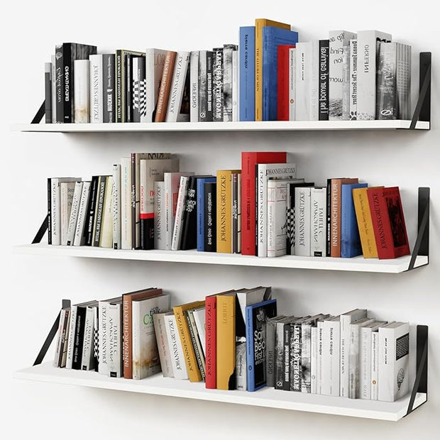 Forbena White Floating Book Shelves for Wall, 36 Inches Long Wall Shelves with Metal Brackets for Bedroom, Large Floating Bookshelf Bookshelves for Living Room Office Classroom (White Wood)