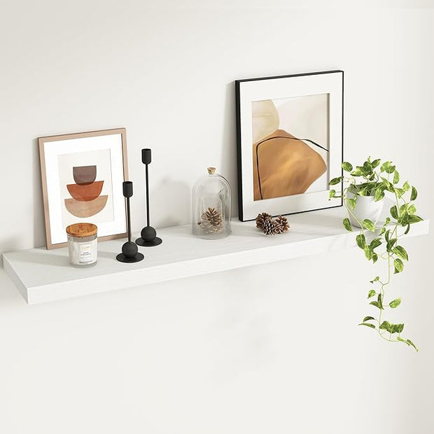 Fun Memories Floating Shelves - 9.3 Inch Deep Wall Shelf for Decor & Storage - Wall Mounted Display Shelving with Invisible Heavy-Duty Metal Bracket - 48" W x 9" D x 1.6" H - Set of 1 - Rustic White