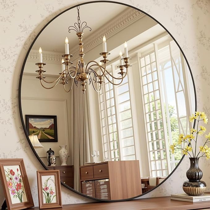 Antok 30 Inch Round Mirror for Wall, Round Bathroom Mirror, Circle Wall Mirrors with Black Metal Frame, Circle Mirrors Suitable for Wall, Bathroom, Vanity, Living Room, Entryway