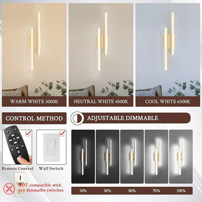 LED Wall Sconce Set of 2 Gold Remote Modern LED Vanity Lights Set of 2 Indoor Wall Light Fixtures for Living Room, Dimmable Wall Sconce for Bedside Bedroom Bathroom, 23.6inch 2 Pack