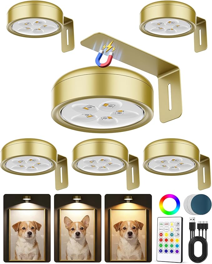 Picture Lights for Wall,Wireless 2000mAh Rechargeable Magnetic LED Puck Lights with Remote,3 Color Temps and 12 RGB,Dimming & Timer,Art Frame Light for Painting Display,Photos,Wall Decor(6 Pack)