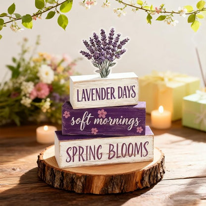 Spring Decoration Wooden Tiered Tray Decor – Rustic Lavender Days Stacked Block Sign with Lavender Flower Topper – Farmhouse Tabletop Spring Decor for Living Room Shelf Kitchen Coffee Bar Seasonal Home Display