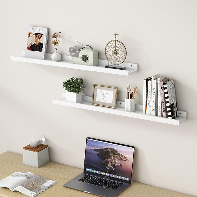 Picture Ledge Shelf for Wall, 36 inch Solid Pine Wood Nursery Book Shelves 2 Packs, Floating Ledge Shelves for Kids' Room Bedroom Bathroom Living Room Photo Frames Office Nursey Wall Decor, White
