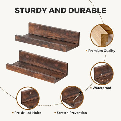 Muzilife 12" Small Floating Wall Ledge Shelves with Lip - Set of 2 Wood Floating Shelves - Rustic Brown Wall Mounted Picture Ledge for Office, Bathroom, Bedroom, Living Room, Kitchen