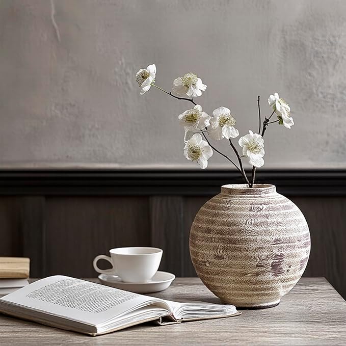 Ceramic Farmhouse Vase Rustic Decor,Pottery Decorative Flower Vases for Home Decor,Boho Vase for Table, Living Room,Bathroom,Shelf,Mantel Decoration,Light Brown (5.5 inch)