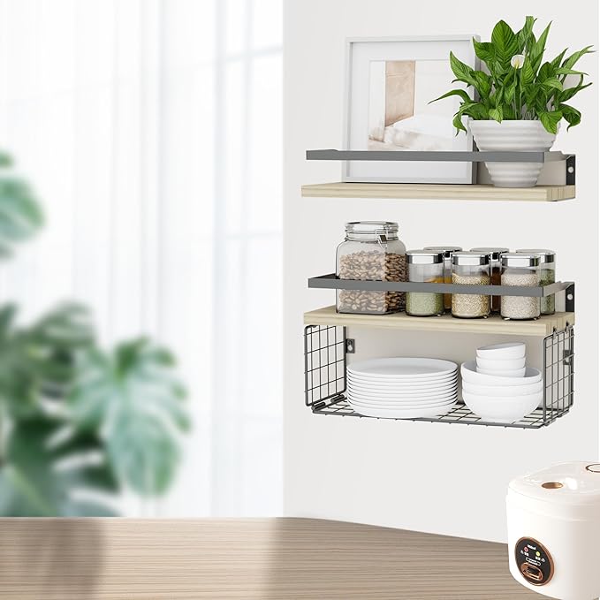 Floating Shelves with Wire Storage Basket for Toilet Paper, Wall Decor for Bathroom/Living Room/Kitchen/Bedroom, (Gold-White-Gold) Shelves for Home Decor