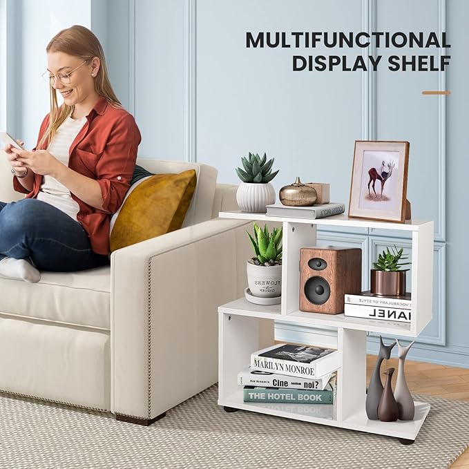 Giantex Set of 2 3-Tier Geometric Bookshelf, 24’’ Tall Wood S-Shaped Display Shelves with Thick Foot Pads, Freestanding Open Shelves Nightstand, Floor Standing Display Shelf Bookcase