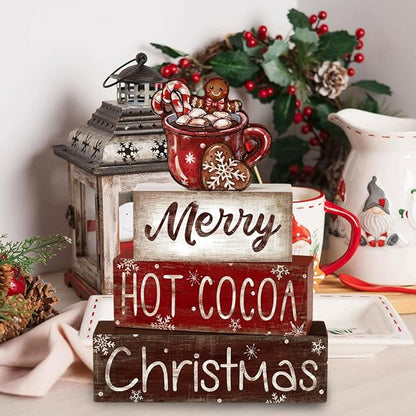 DIYDEC 4Pcs Christmas Wooden Tabletop Decoration Hot Cocoa Wooden Block Signs Gift Rustic Xmas Tiered Tray Decor Merry Christmas Centerpiece Sign Farmhouse Winter Table Home Party Decor