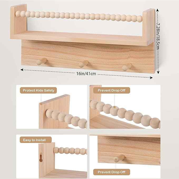 BOMID Wall Bookshelves,Set of 4 Natural Wood Floating Bookshelf,Nursery Shelves,Floating Book Shelves for Wall(Burlywood)