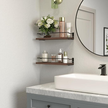 RICHER HOUSE Floating Shelves, Small Wall Shelf for Bathroom Decor, Rustic Wall Mounted Wood Shelves Set of 2, Bathroom Organizer Over Toilet Storage, Kitchen Shelf - Rustic Brown