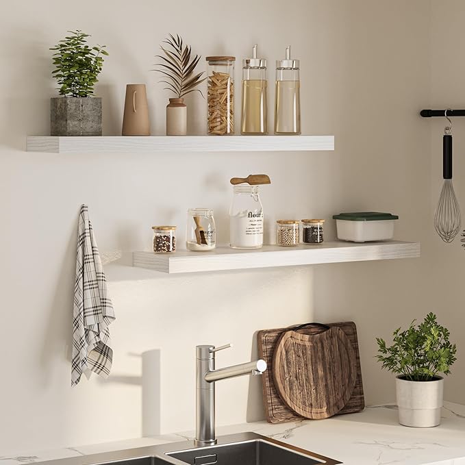 40 Inch Floating Shelves for Wall, Wooden Wall Mounted Display Shelves with Invisible Brackets for Living Room, Bedroom, Bathroom, Kitchen Decor and Storage, Set of 2, White