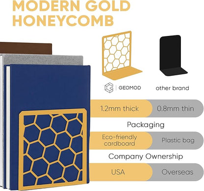 GEOMOD Geometric Honeycomb Gold Metal Bookends Decorative - Tall Sturdy Book Ends for Shelves - Modern Heavy Duty Bookend Stopper - Office or Home Book Shelf Book Holder - 6x3.25x6.25 Inches - 1 Pair