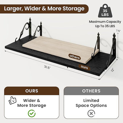 RICHFOCUS 12 Inch Deep Floating Shelves for Wall, 31.5" W x 12" D Black Wood Wall Shelves Set of 2, Wide Floating Shelves for Living Room, Bedroom, Kitchen, Bathroom and Decor Storage, Black
