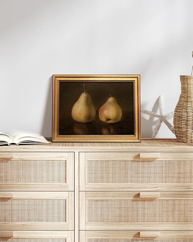 HUARCEY Gold Framed Vintage Wall Art for Living Room, Pear Fruits Painting Prints Shelf Decor for Kitchen, Aesthetic Bedroom Wall Art Decor, Christmas Gift for Friends or Family (Two Pears 12