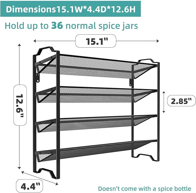 Simple Trending 2 Pack 4 Tier Spice Rack Organizer,Stackable Kitchen Counter Shelves,for Cabinet,Countertop,Pantry, Door or Wall Mount, Metal Mesh,Jars not Included, Black