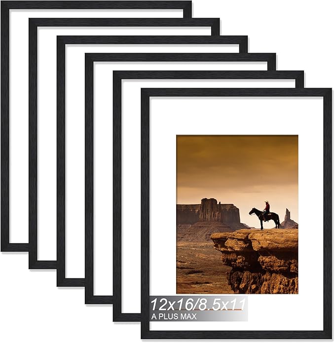 A PLUS MAX 12x16 Picture Frame Set of 6, Engineered Wood Frame Display Photo 8.5x11 with Mat or 12 x 16 without Mat, 12by16 Frame with Black Wood Grain for Wall - 6 Pack/Black/12 x16