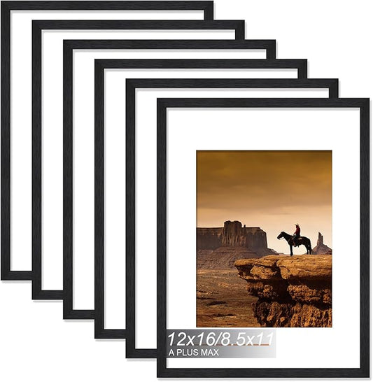 A PLUS MAX 12x16 Picture Frame Set of 6, Engineered Wood Frame Display Photo 8.5x11 with Mat or 12 x 16 without Mat, 12by16 Frame with Black Wood Grain for Wall - 6 Pack/Black/12 x16