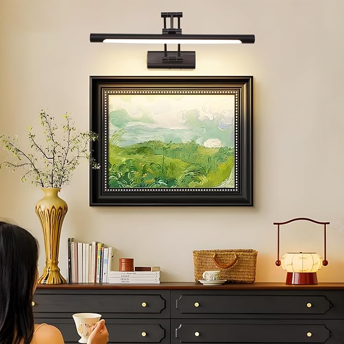 17" Picture Light Matte Black Hardwired Gallery Light 270° Rotation Led Poster Lights 95 CRI 3000K Non-Dimmable True-Color Cordless Art Lighting for Paintings, Display Cabinets，Bathroom.