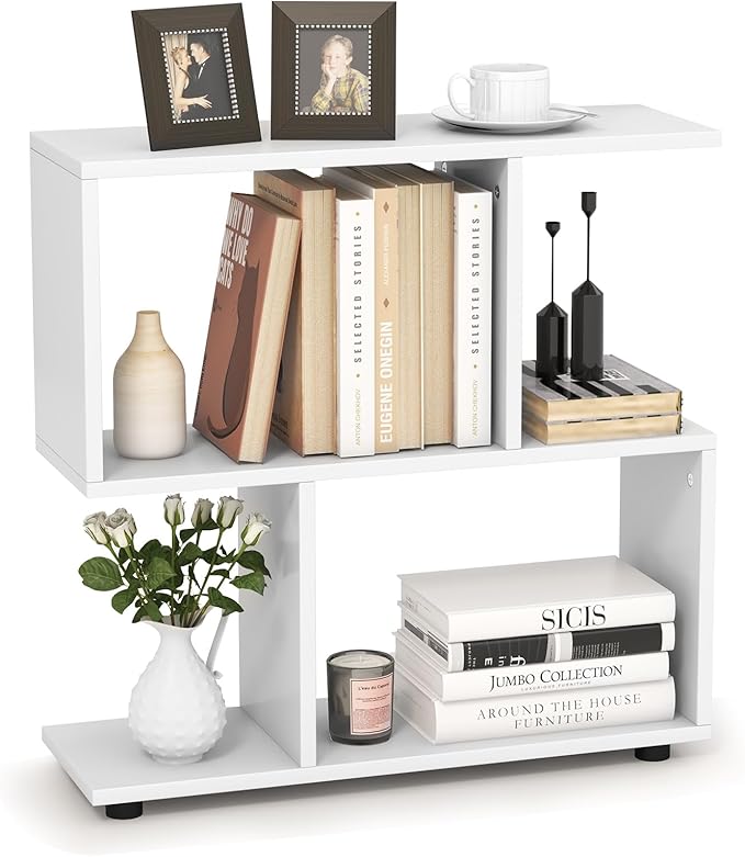 Tangkula 2 Tier Geometric Bookshelf, Freestanding Wood Display Shelf, Home Office Room Divider S Shaped Open Bookcase, Small Bookshelf for Small Spaces, Living Room, Study (White, 1)