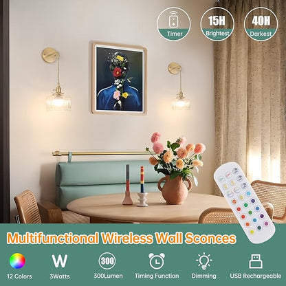 Battery Operated Wall Sconce with Clear Striped Shade Pattern Glass Adjustable Chain Retro Gold Wall Mounted Light, Modern Wall Lamp Fixtures Decor for Bedside Bedroom Indoor Doorway