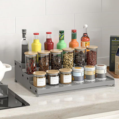 3-Tier Expandable Metal Spice Rack Organizer for Cabinet & Pantry, Adjustable 12.8-24" Heavy Duty Step Shelf for Kitchen Countertop, Spices, Perfumes & Mini Figures, Non-Slip(GREY,2PACK)