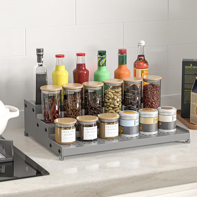 3-Tier Expandable Metal Spice Rack Organizer for Cabinet & Pantry, Adjustable 12.8-24" Heavy Duty Step Shelf for Kitchen Countertop, Spices, Perfumes & Mini Figures, Non-Slip(GREY,1PACK)