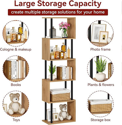 IBUYKE 6-Tier Tall Bookshelf,S-Shaped Geometric Bookcase, Wood Display Shelves with Storage,Modern Bookshelf for Living Room Bedroom, Home Office,Oak WBC016K