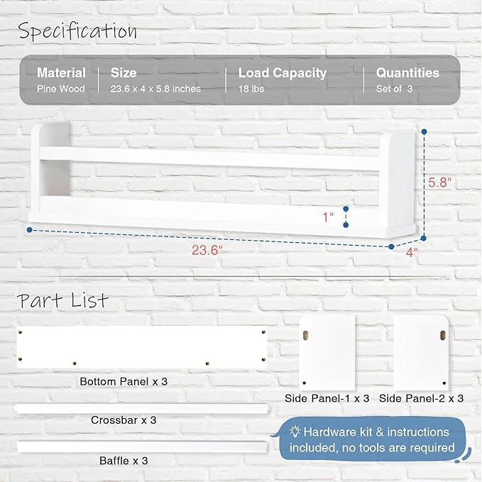 White Wall Bookshelf for Kids Room, 24 Inch Toddler Nursery Bookshelf Wall Mounted for Baby Boy Girl Bedroom, Floating Childrens Book Shelves with Hanging Rod for Books - Set of 3