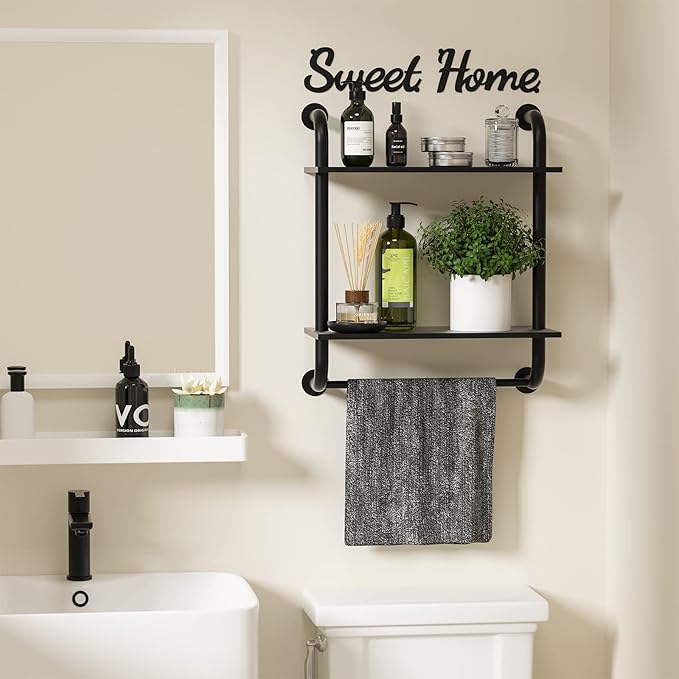 Bathroom Shelves Wall Mounted, Rustic Farmhouse Pipe Shelves, Wall Shelves 2-Tier, Industrial Pipe Shelving, Floating Shelf Decor for Bathroom, Bedroom, Living Room Thanksgiving 17.3in Black