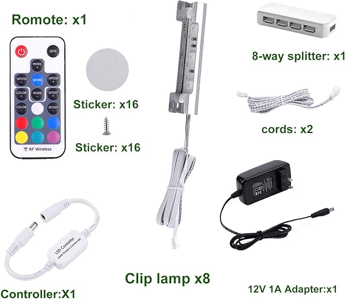 AIBOO LED Glass Shelf Lighting Kit for Glass Edge Back Side Lighting Using Flexible Cable and Clip with RF Remote(8 Lights,RGB)