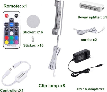 AIBOO LED Glass Shelf Lighting Kit for Glass Edge Back Side Lighting Using Flexible Cable and Clip with RF Remote(8 Lights,RGB)