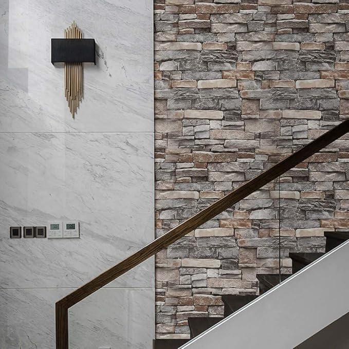 Abyssaly Peel and Stick Wallpaper Stone Brick Stick on Wallpaper 23.6" X 275.5" Thick Cleanable Self-Adhesive Removable Home Decorate Wall Paper Vinyl Shelf Paper Fireplace Christmas Decoration