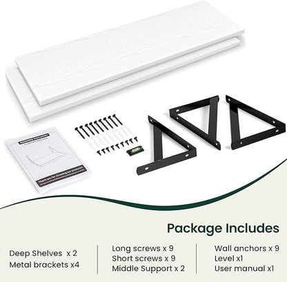 Floating Shelves, 12 Inch Deep Rustic Wood Wall Storage, 48W x 12D Wall Shelves Set of 2, Heavy Duty Metal Brackets, Large Industrial Book Shelf for Living Room, Kitchen, Bedroom, White
