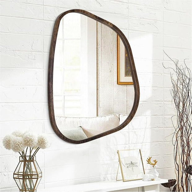 Asymmetrical Accent Mirror for Wall Irregular Oval Wood Frame Modern Unique Wall Mirror Decorative Boho Vanity Bathroom Living Room Bedroom Entryway Hallway Artistic Wavy Mirror Large 26"x18"