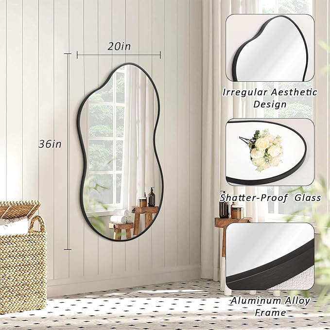 JJUUYOU Irregular Wall Mirror Black Metal Framed Decorative Asymmetrical Bathroom Mirrors Large 20
