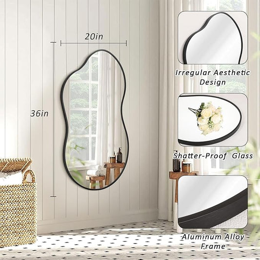 JJUUYOU Irregular Wall Mirror Black Metal Framed Decorative Asymmetrical Bathroom Mirrors Large 20"x36" for Living Room Bedroom Entryway Hanging Home Decor